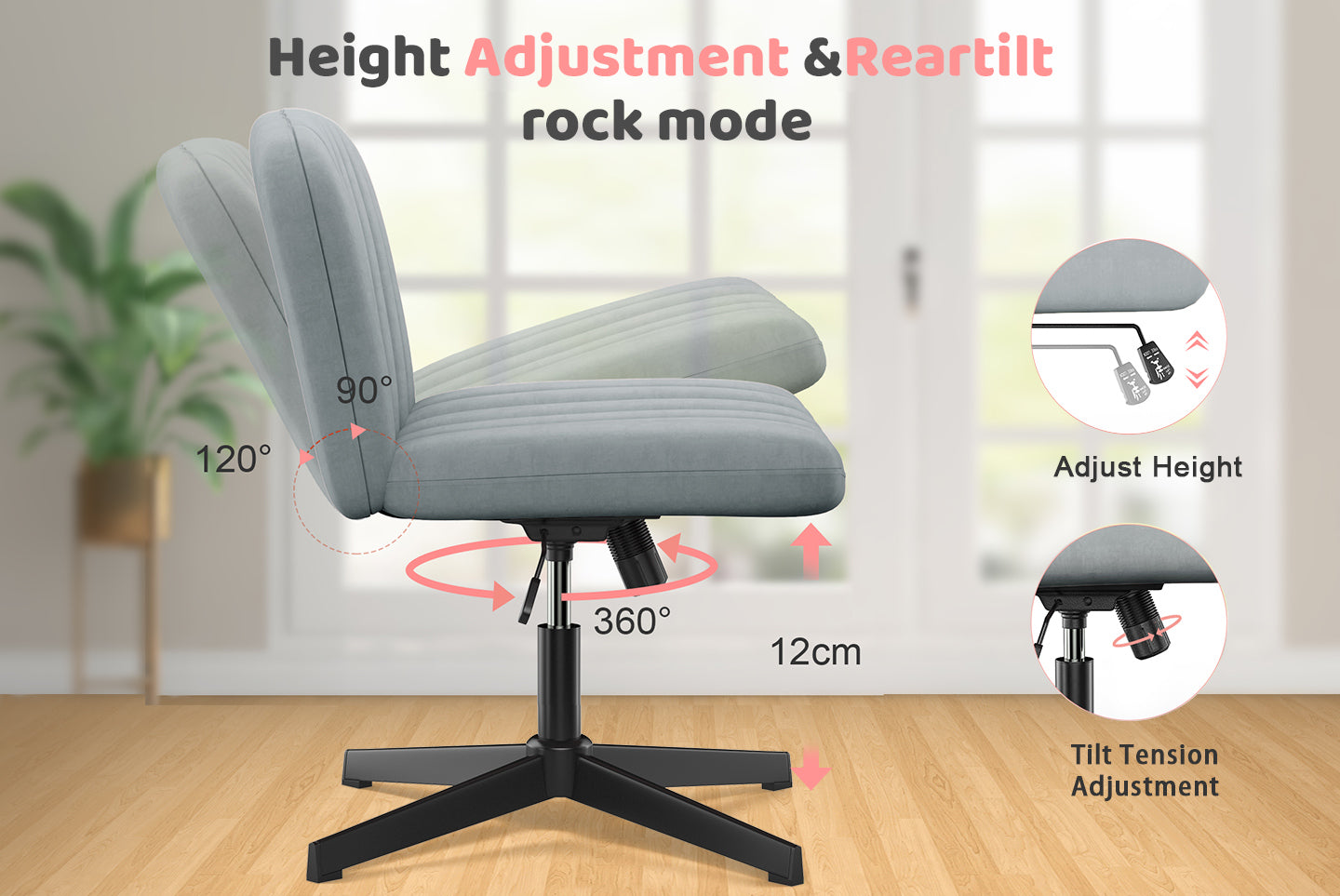 Ergonomic Cross Legged Office Chair Armless Wide Desk Chair with Mid Back Support for Home Office Bedroom