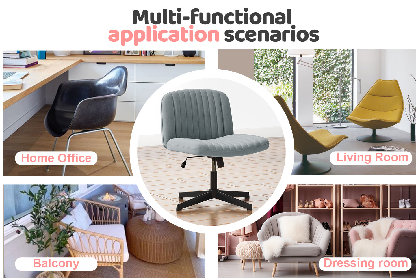 Ergonomic Cross Legged Office Chair Armless Wide Desk Chair with Mid Back Support for Home Office Bedroom