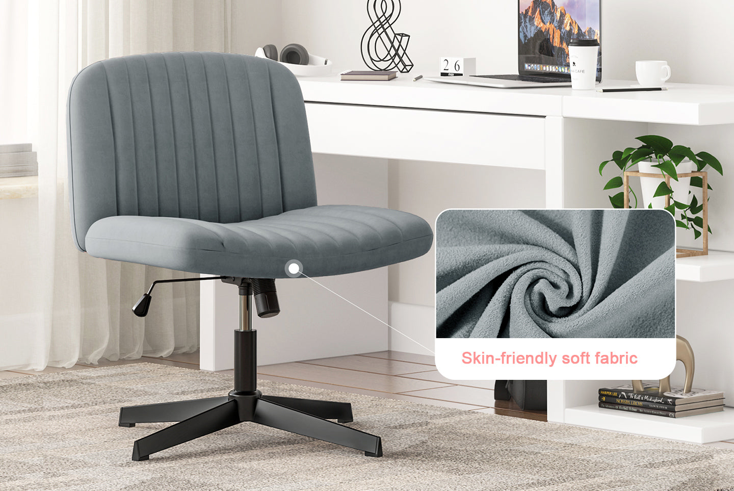 Ergonomic Cross Legged Office Chair Armless Wide Desk Chair with Mid Back Support for Home Office Bedroom
