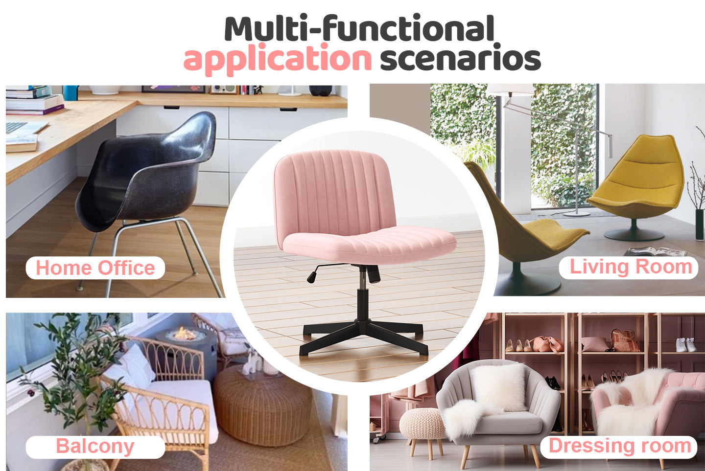 Ergonomic Cross Legged Office Chair Armless Wide Desk Chair with Mid Back Support for Home Office Bedroom