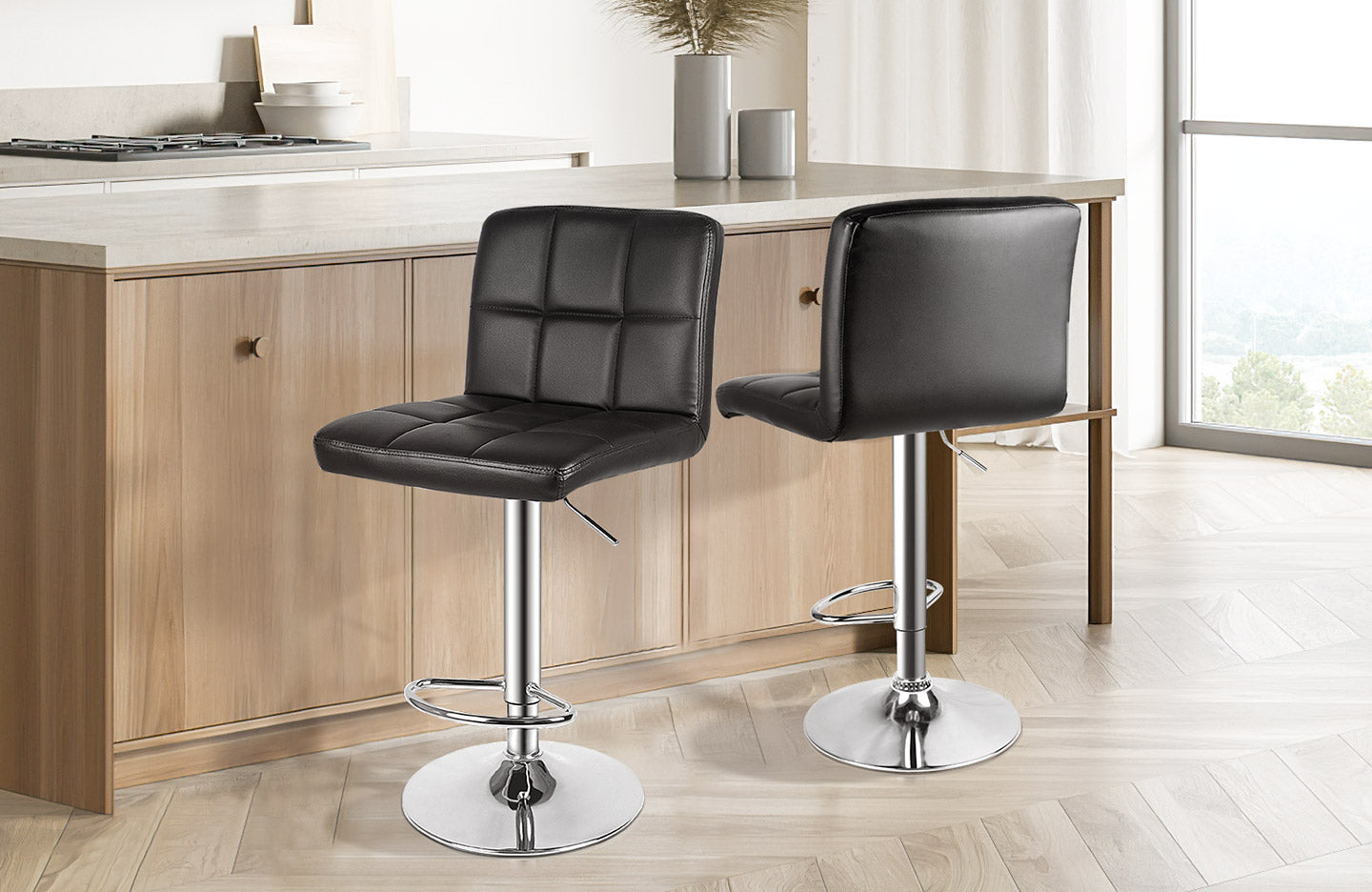 Modern Bar Stool Set of 2 PU Leather Swivel Height Adjustable with Backrest for Breakfast Bar, Kitchen