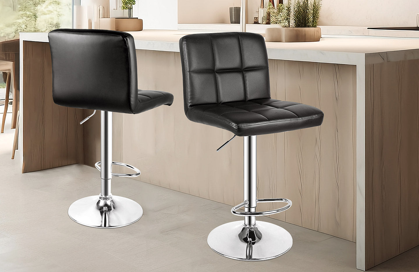 Modern Bar Stool Set of 2 PU Leather Swivel Height Adjustable with Backrest for Breakfast Bar, Kitchen