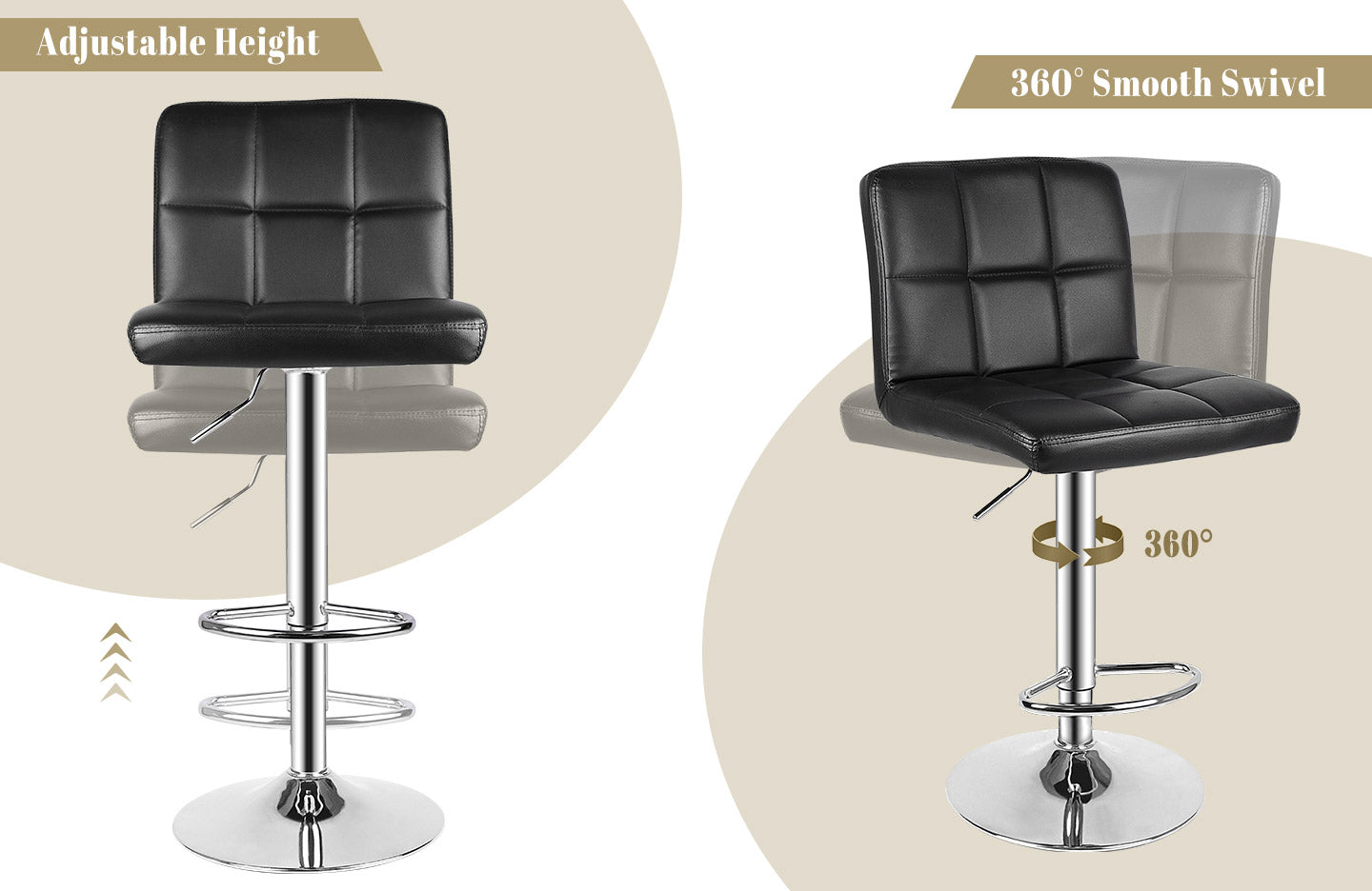 Modern Bar Stool Set of 2 PU Leather Swivel Height Adjustable with Backrest for Breakfast Bar, Kitchen