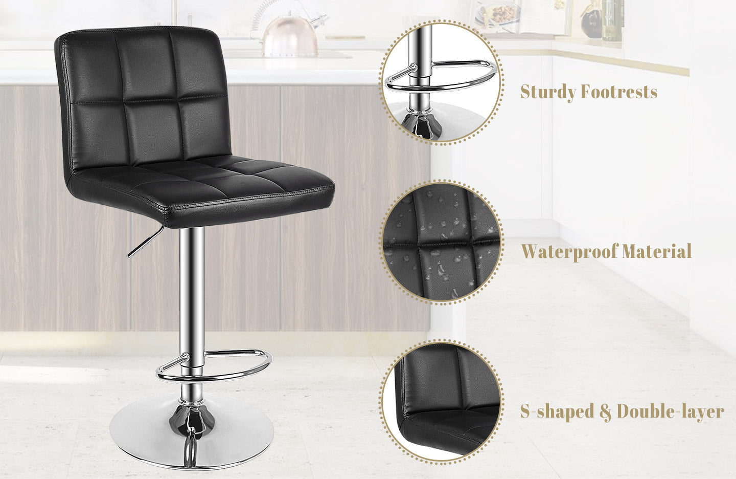 Modern Bar Stool Set of 2 PU Leather Swivel Height Adjustable with Backrest for Breakfast Bar, Kitchen