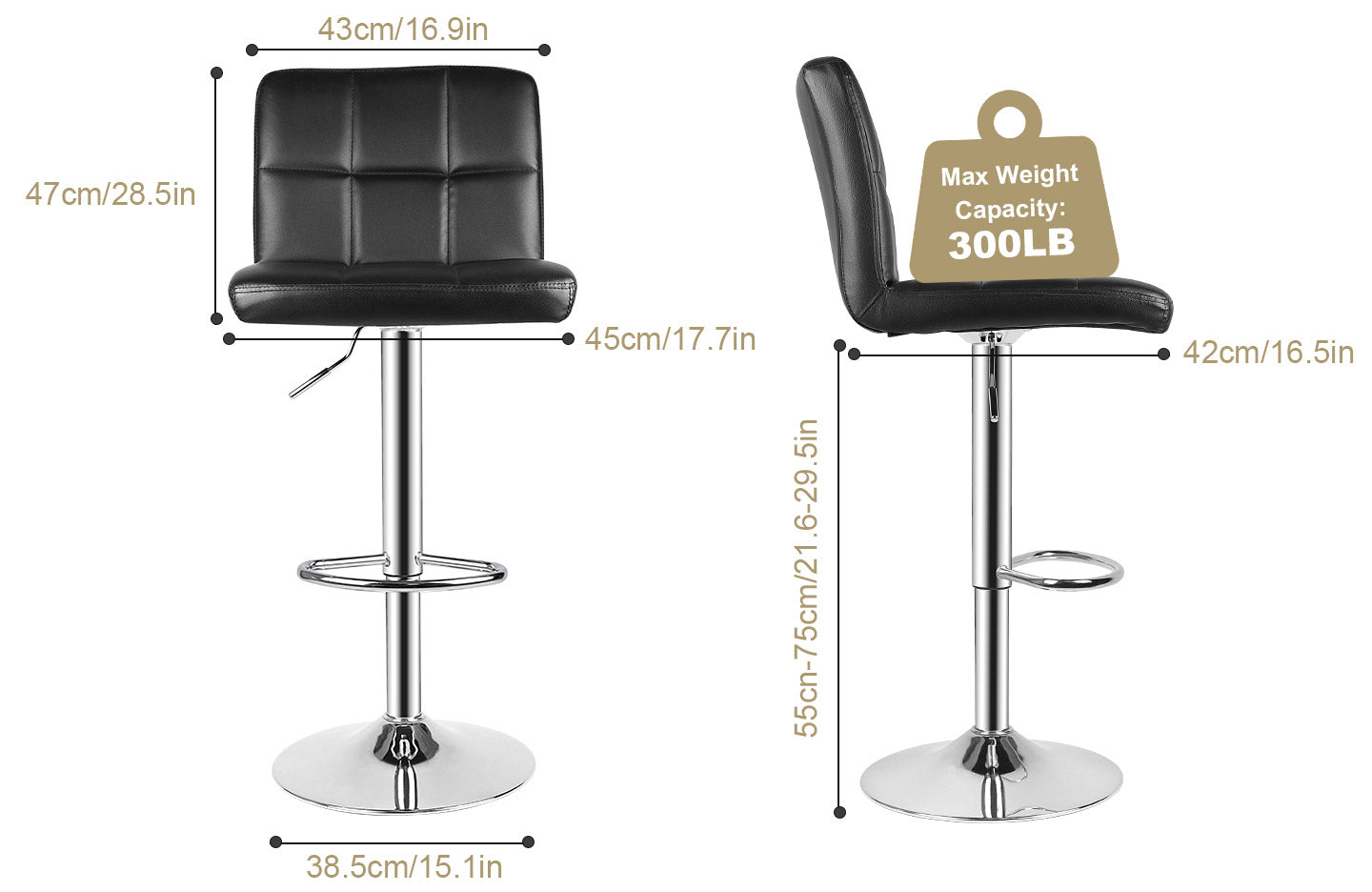 Modern Bar Stool Set of 2 PU Leather Swivel Height Adjustable with Backrest for Breakfast Bar, Kitchen