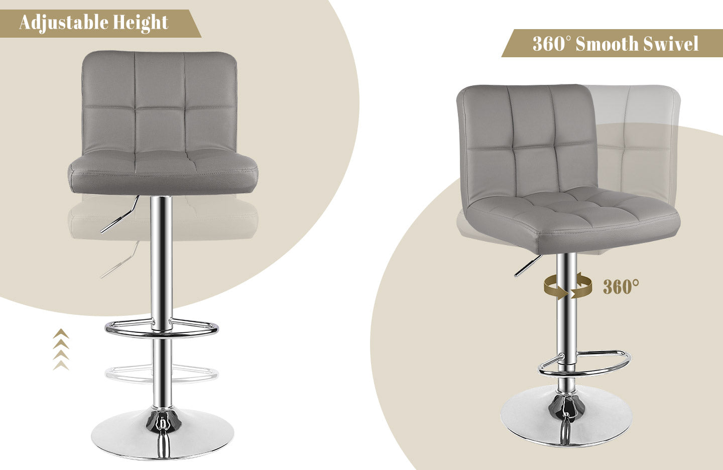 Modern Bar Stool Set of 2 PU Leather Swivel Height Adjustable with Backrest for Breakfast Bar, Kitchen
