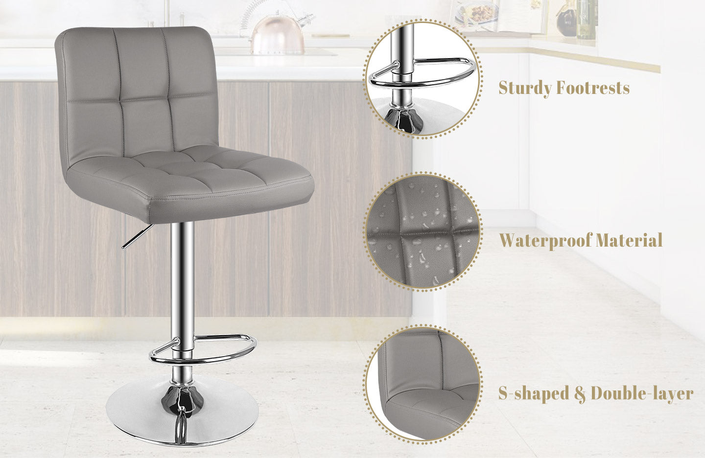 Modern Bar Stool Set of 2 PU Leather Swivel Height Adjustable with Backrest for Breakfast Bar, Kitchen