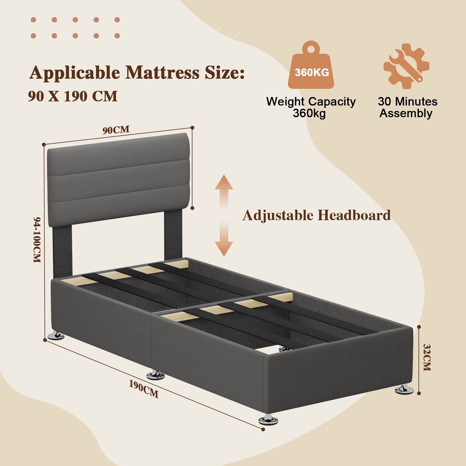 Divan Base Bed Frame With Headboard - No Mattress, No Storage