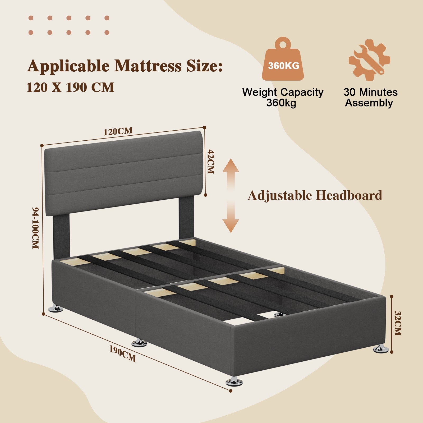 Divan Base Bed Frame With Headboard - No Mattress, No Storage
