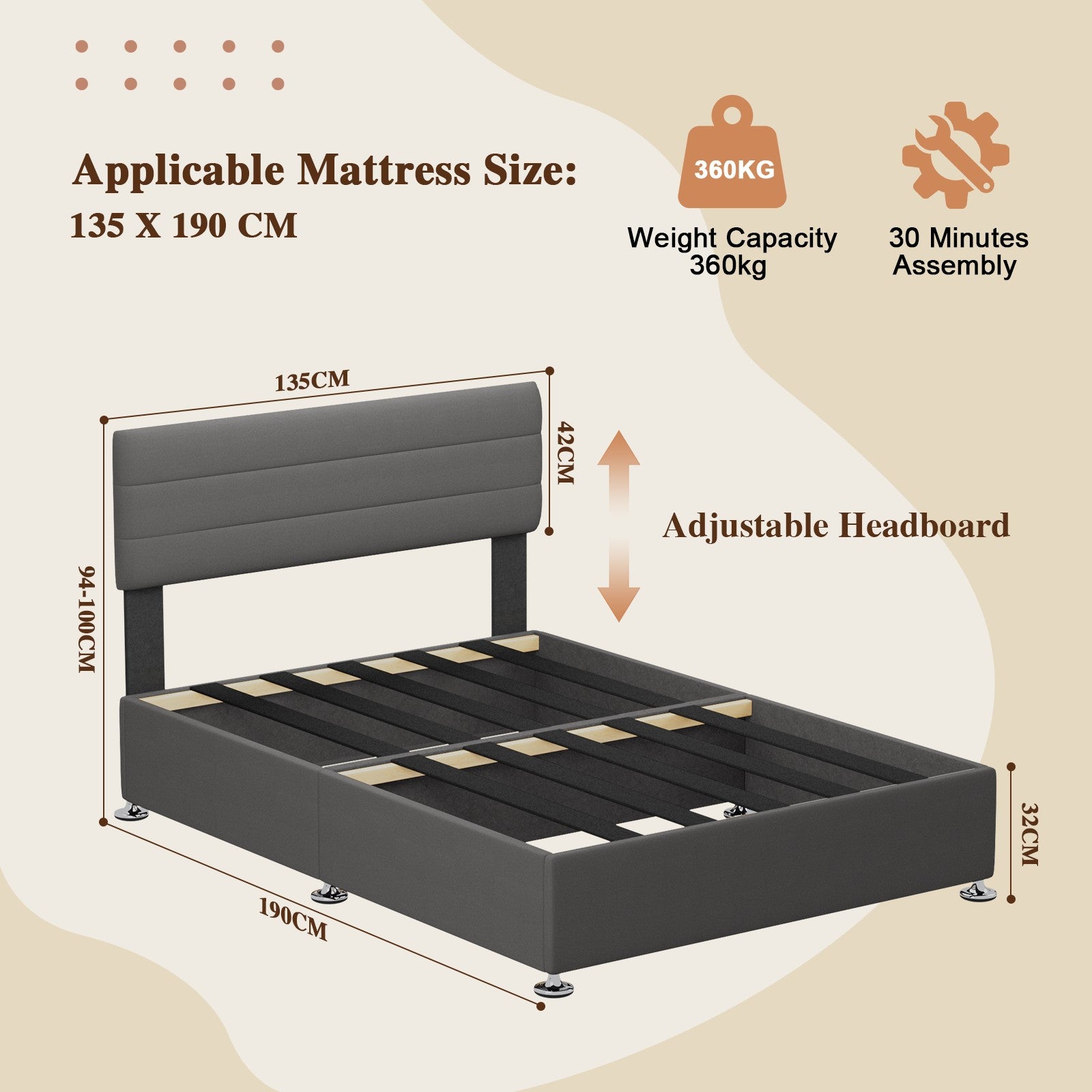 Divan Base Bed Frame With Headboard - No Mattress, No Storage
