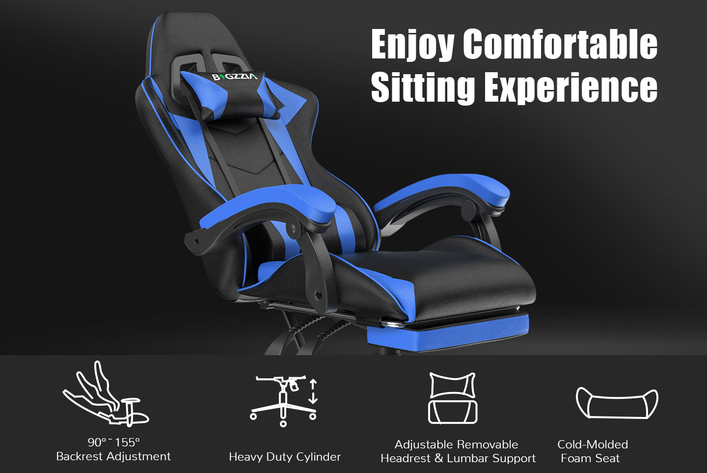 Ergonomic Gaming Chair 155° Reclining Swivel Chair with Headrest, Lumbar Support PU Leather Office Chair