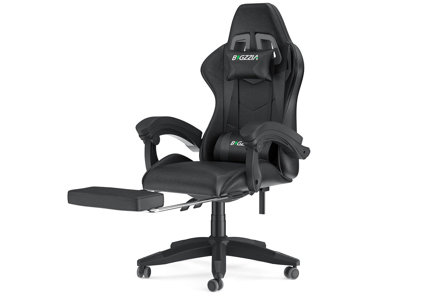 Ergonomic Gaming Chair 155¡ã Reclining Swivel Chair with Headrest Footrest Lumbar Support PU Leather Office Chair Black