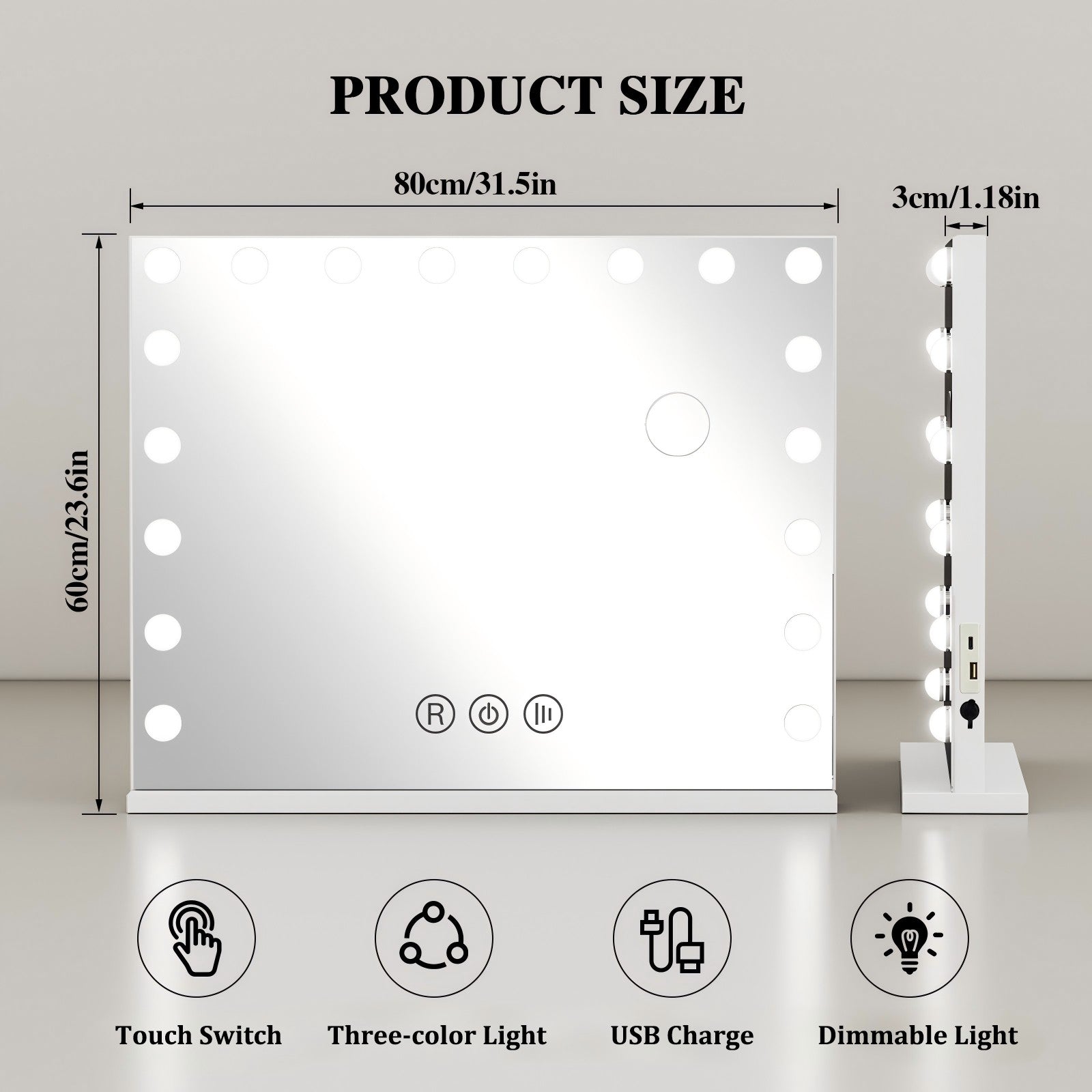 Bathroom Vanity Mirror 80x60cm/58x46cm with LED Lights, 10X Magnification, Anti-Fog