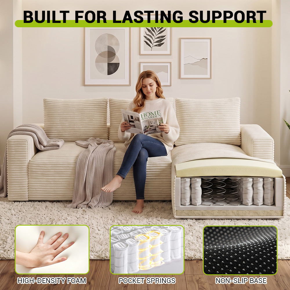 L-Shaped Boneless Modular Sofa Corduroy Sectional Couch with Chaise, No Assembly Required