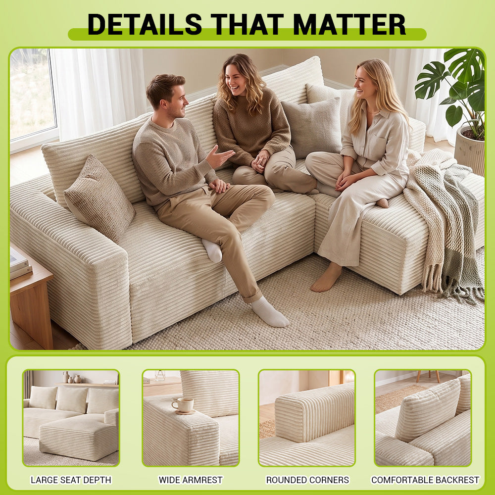 L-Shaped Boneless Modular Sofa Corduroy Sectional Couch with Chaise, No Assembly Required