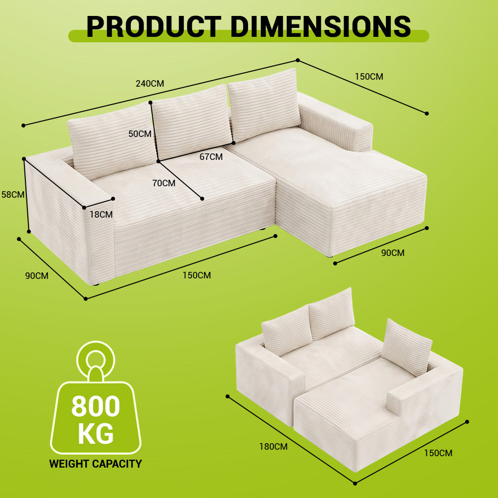 L-Shaped Boneless Modular Sofa Corduroy Sectional Couch with Chaise, No Assembly Required