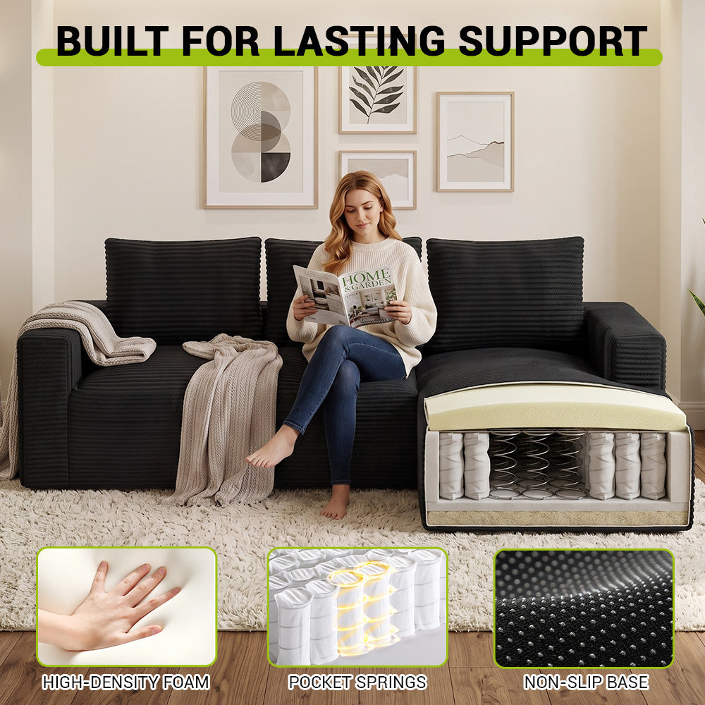L-Shaped Boneless Modular Sofa Corduroy Sectional Couch with Chaise, No Assembly Required