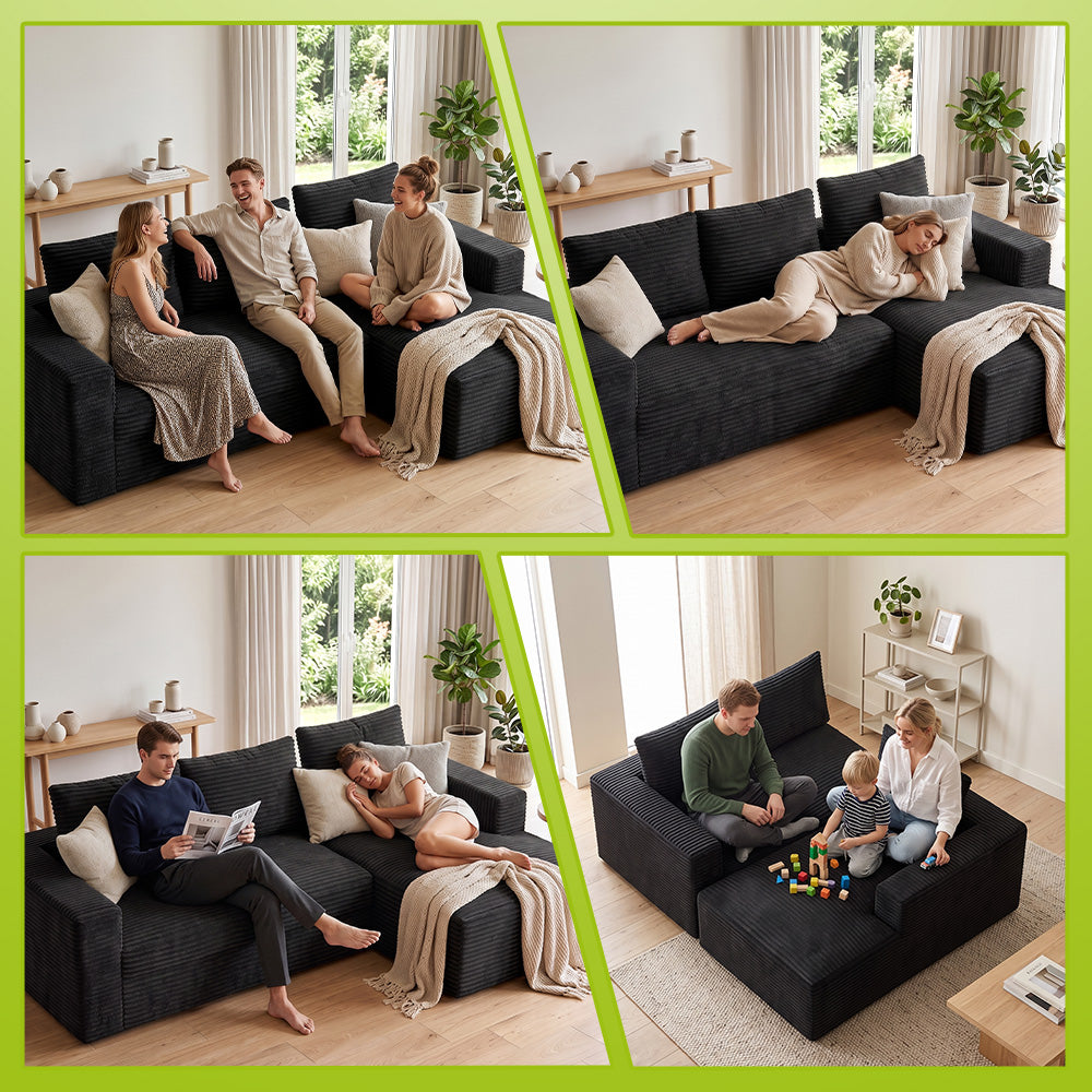 L-Shaped Boneless Modular Sofa Corduroy Sectional Couch with Chaise, No Assembly Required