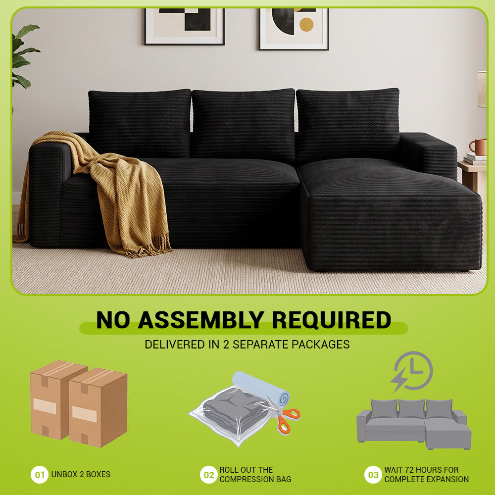 L-Shaped Boneless Modular Sofa Corduroy Sectional Couch with Chaise, No Assembly Required