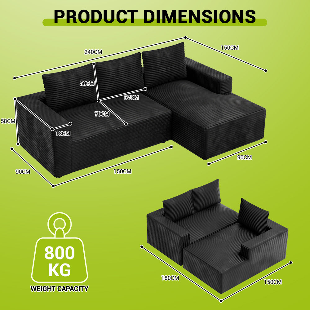 L-Shaped Boneless Modular Sofa Corduroy Sectional Couch with Chaise, No Assembly Required