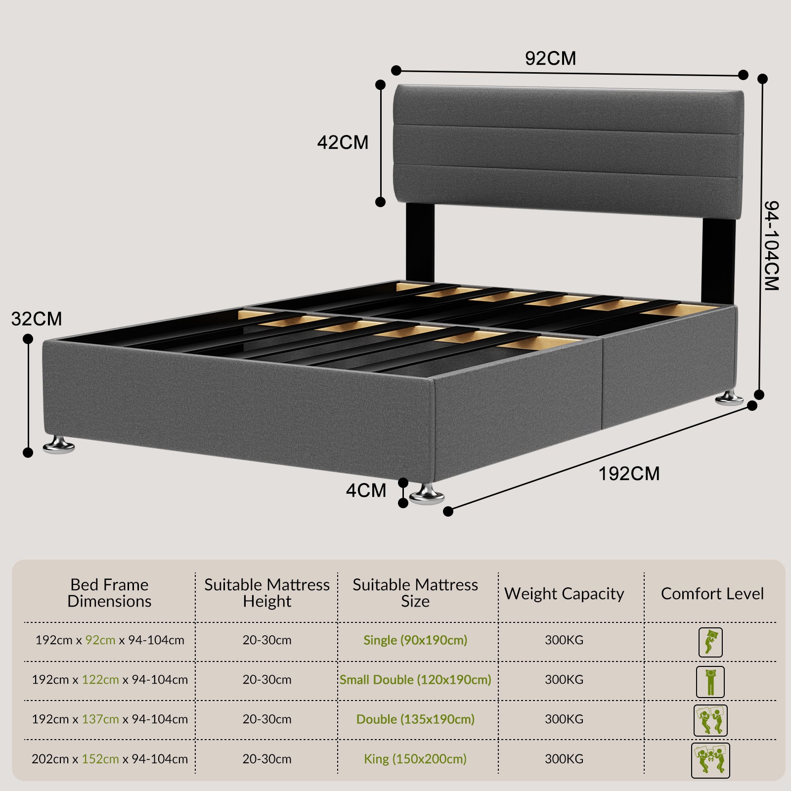 Divan Base Bed Frame With Headboard - No Mattress, No Storage