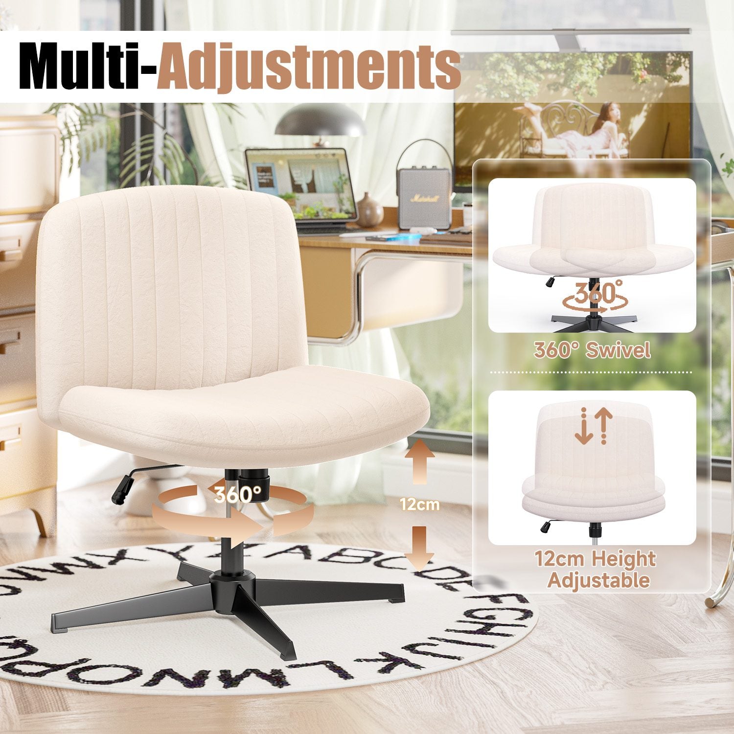 Ergonomic Cross Legged Office Chair Armless Wide Desk Chair with Mid Back Support for Home Office Bedroom