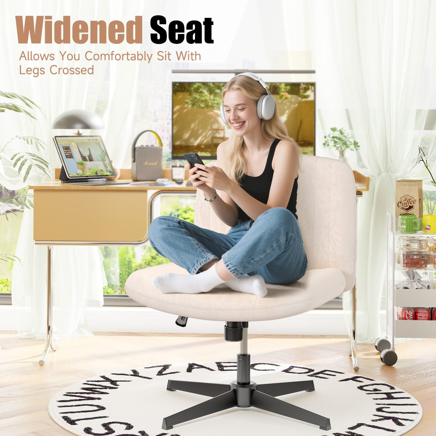 Ergonomic Cross Legged Office Chair Armless Wide Desk Chair with Mid Back Support for Home Office Bedroom