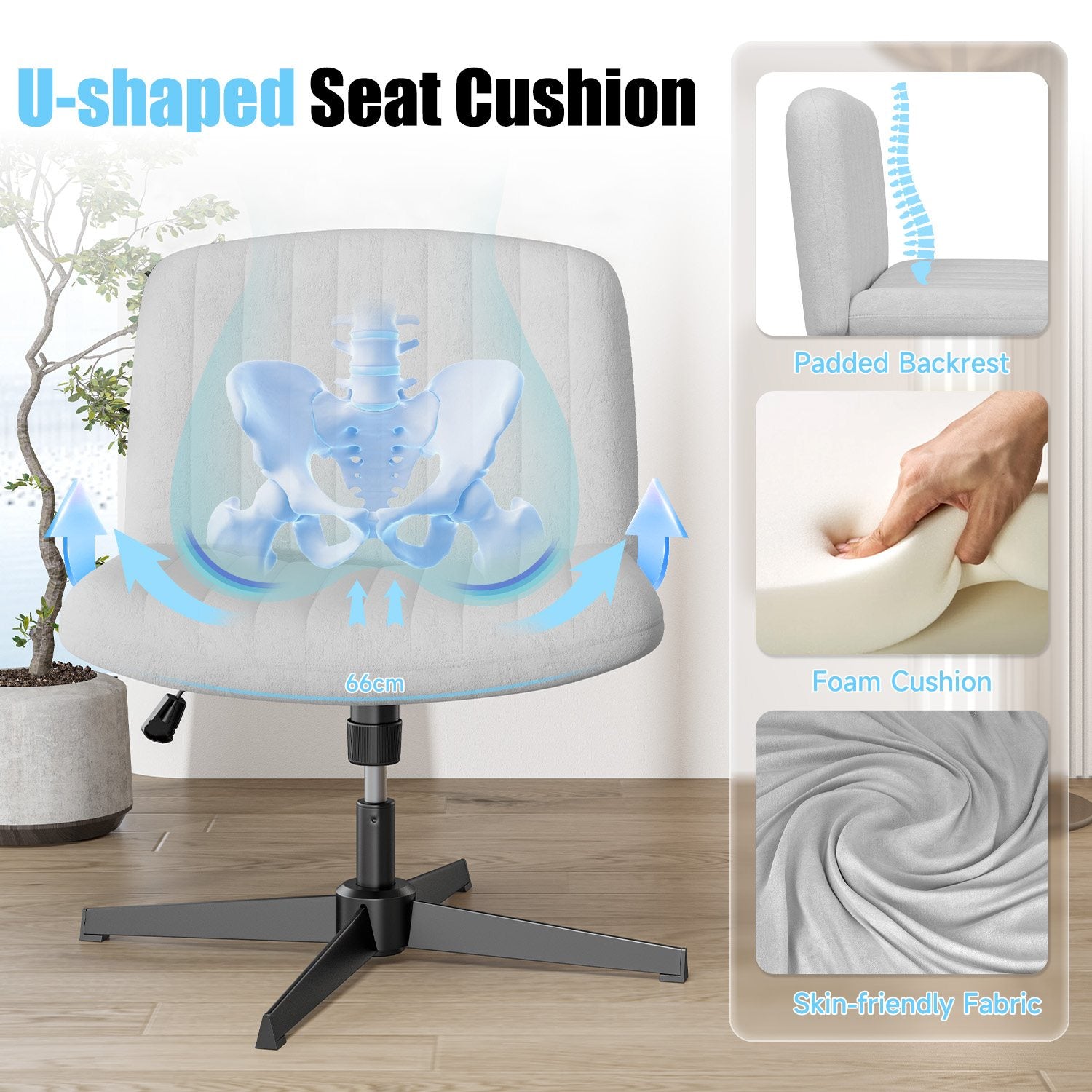 Ergonomic Cross Legged Office Chair Armless Wide Desk Chair with Mid Back Support for Home Office Bedroom