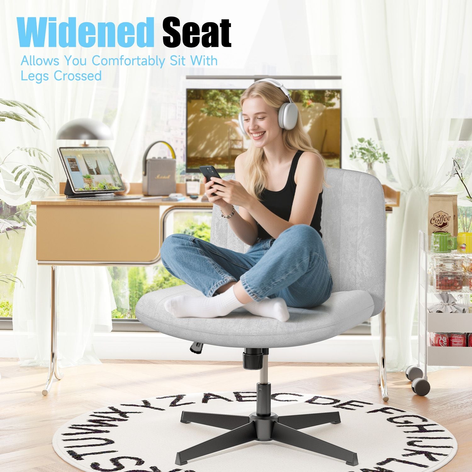 Ergonomic Cross Legged Office Chair Armless Wide Desk Chair with Mid Back Support for Home Office Bedroom