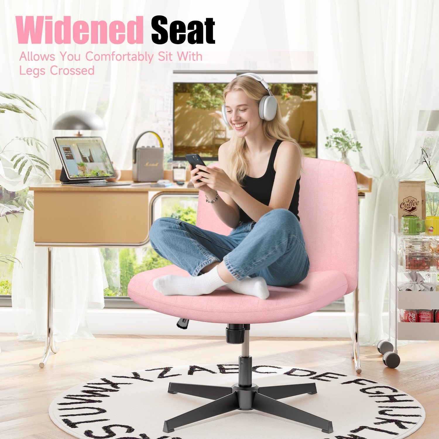 Ergonomic Cross Legged Office Chair Armless Wide Desk Chair with Mid Back Support for Home Office Bedroom
