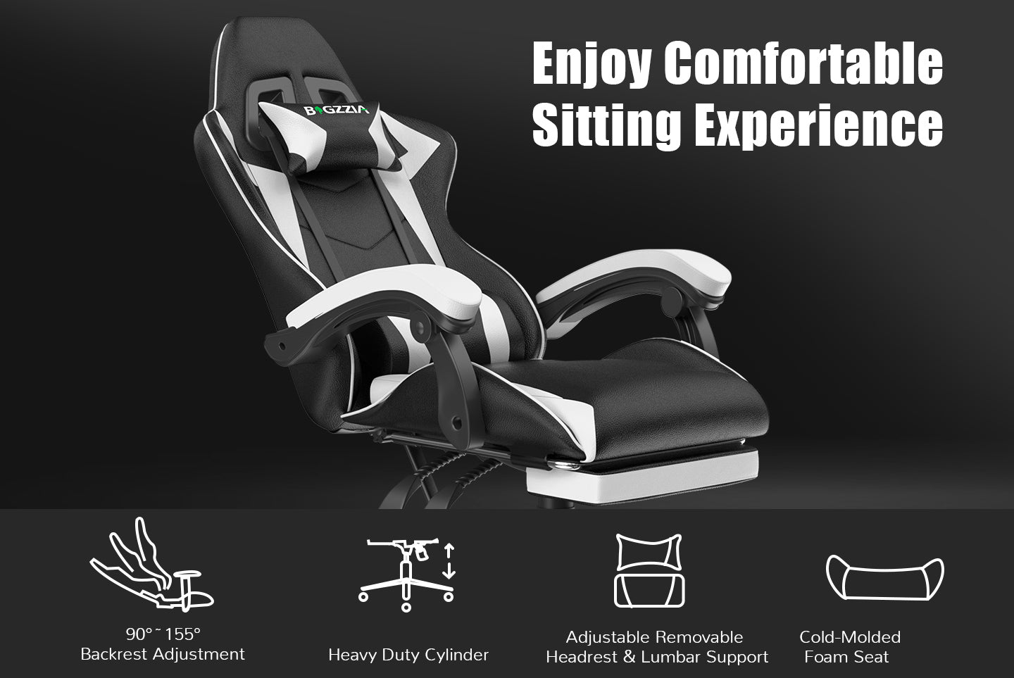 Ergonomic Gaming Chair 155° Reclining Swivel Chair with Headrest, Footrest, Lumbar Support PU Leather Office Chair