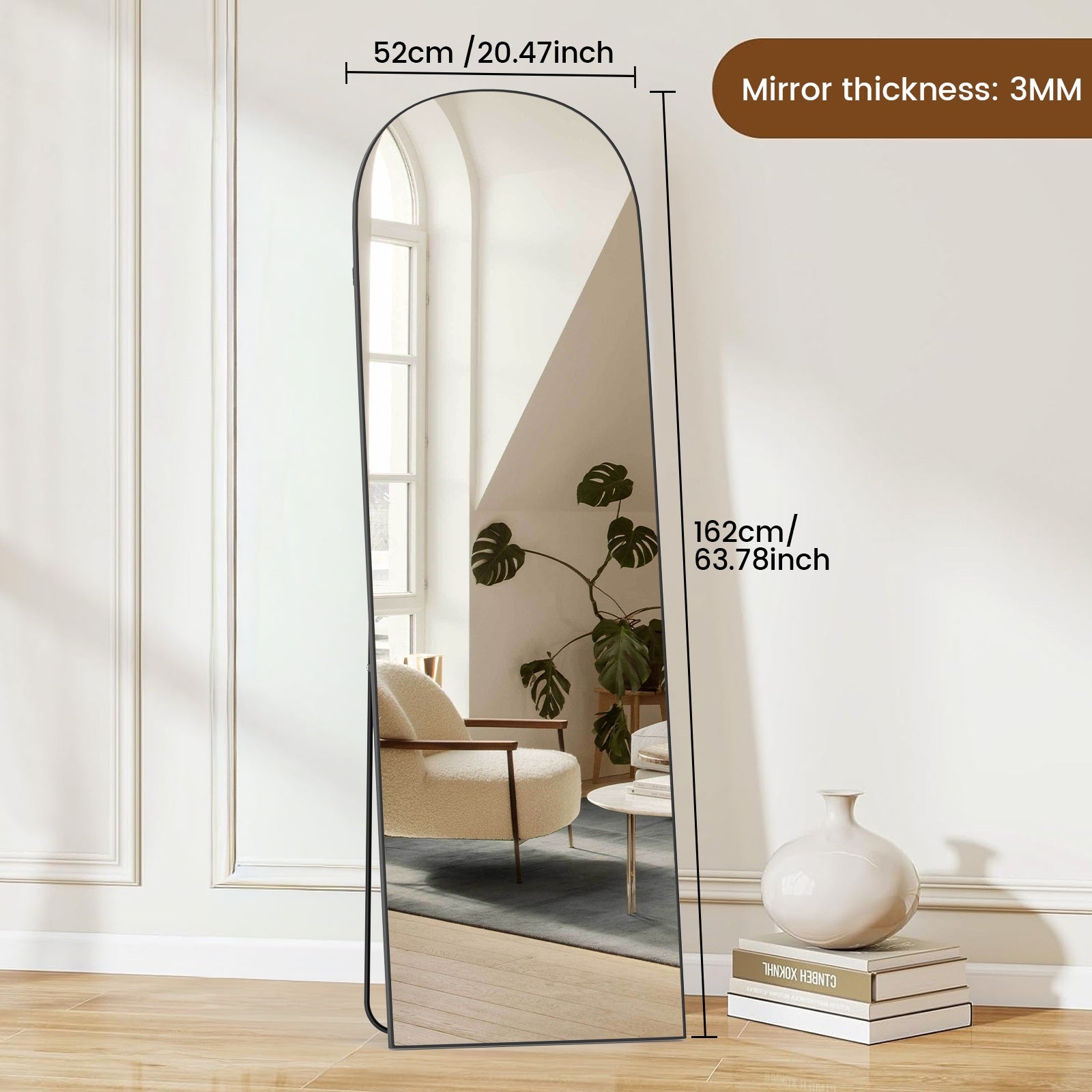 162x52cm Arched Full Length Mirror with Stand, Aluminum Alloy Frame Floor Mirror