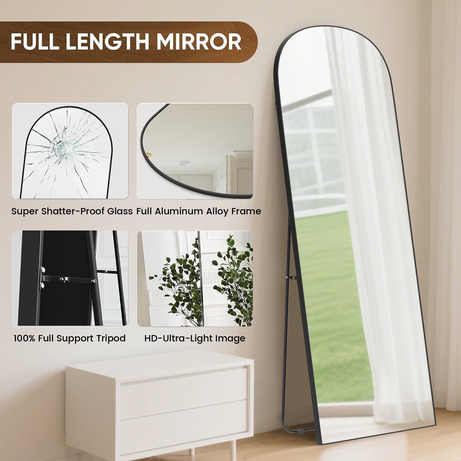 162x52cm Arched Full Length Mirror with Stand, Aluminum Alloy Frame Floor Mirror