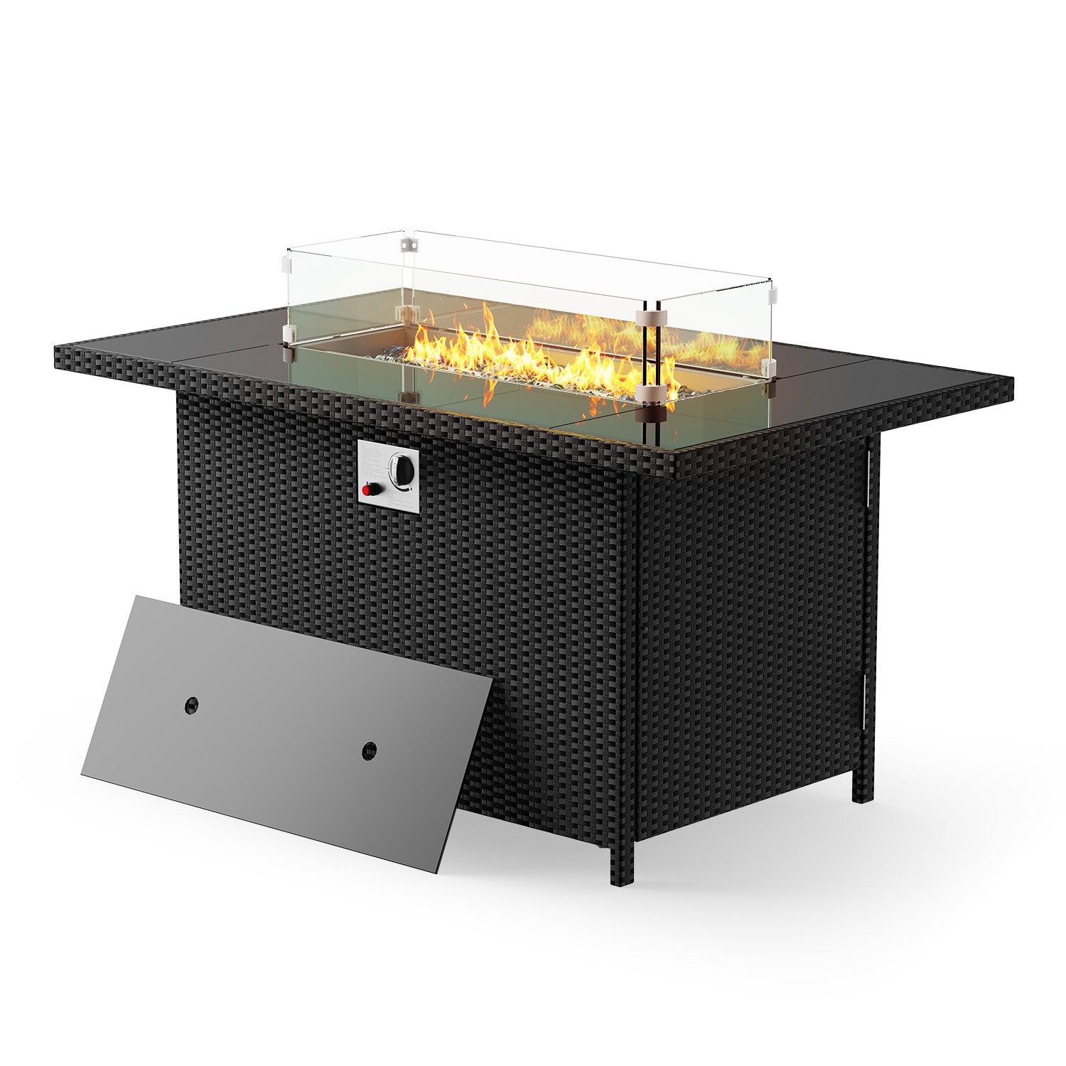 43Inch 50000 BTU Outdoor Rectangular Rattan Fire Pit Table with Glass Wind Guard for Outside Patio Garden Backyard