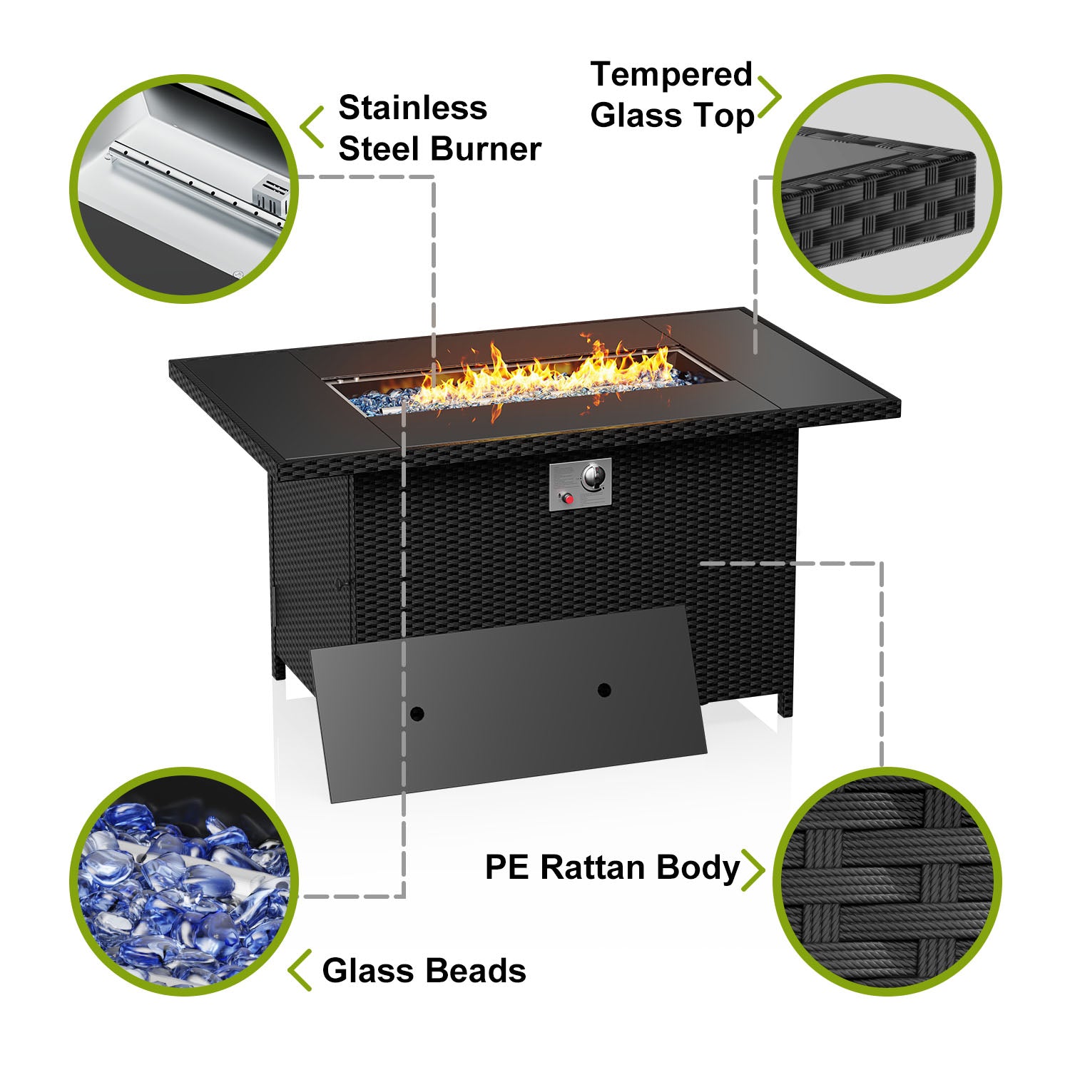 43Inch 50000 BTU Outdoor Rectangular Rattan Fire Pit Table with Glass Wind Guard for Outside Patio Garden Backyard