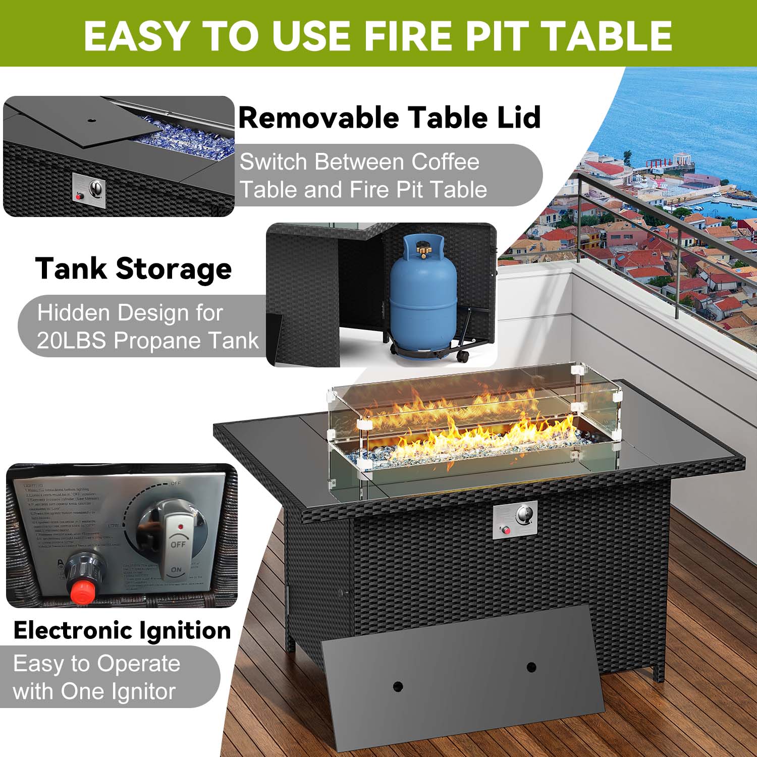 43Inch 50000 BTU Outdoor Rectangular Rattan Fire Pit Table with Glass Wind Guard for Outside Patio Garden Backyard
