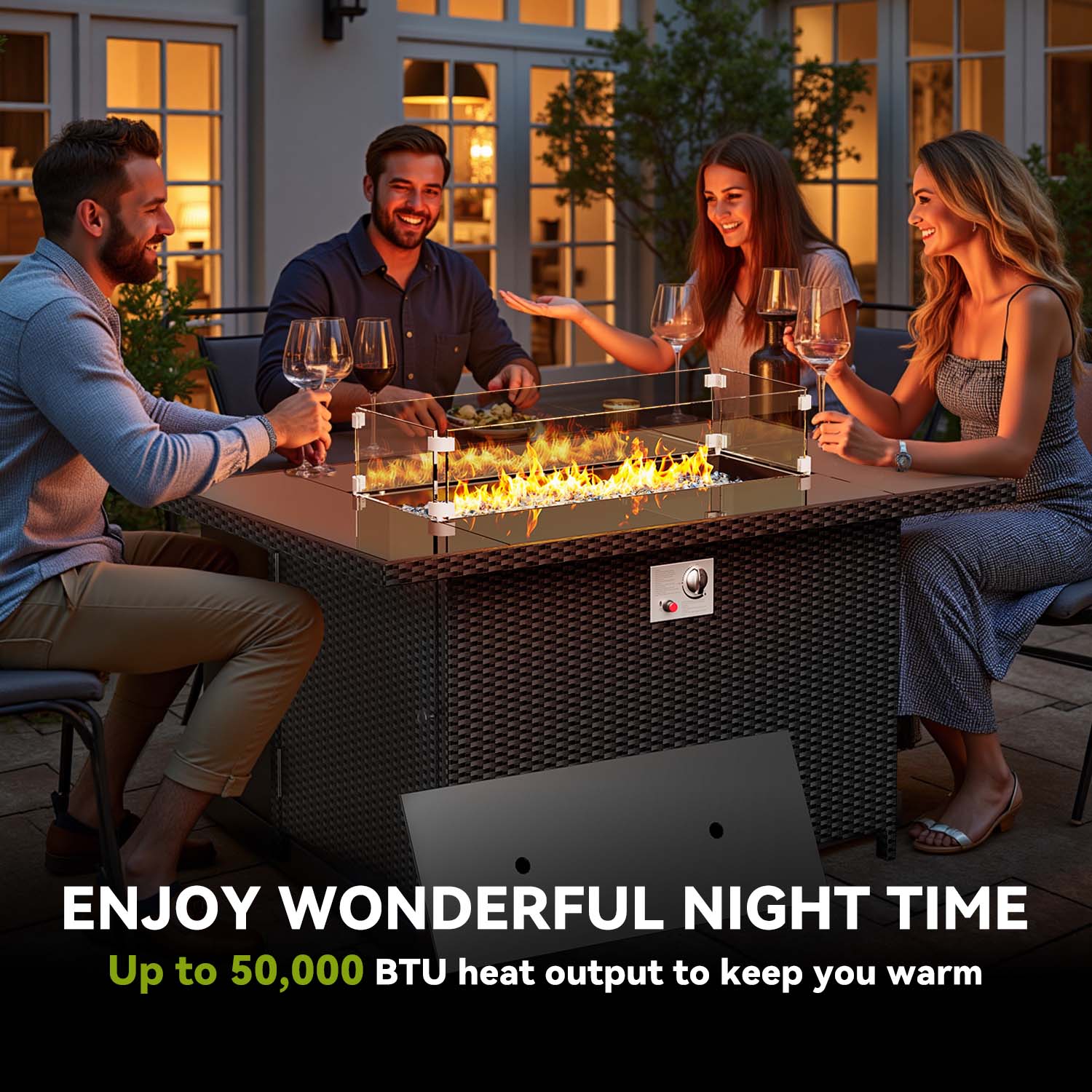 43Inch 50000 BTU Outdoor Rectangular Rattan Fire Pit Table with Glass Wind Guard for Outside Patio Garden Backyard