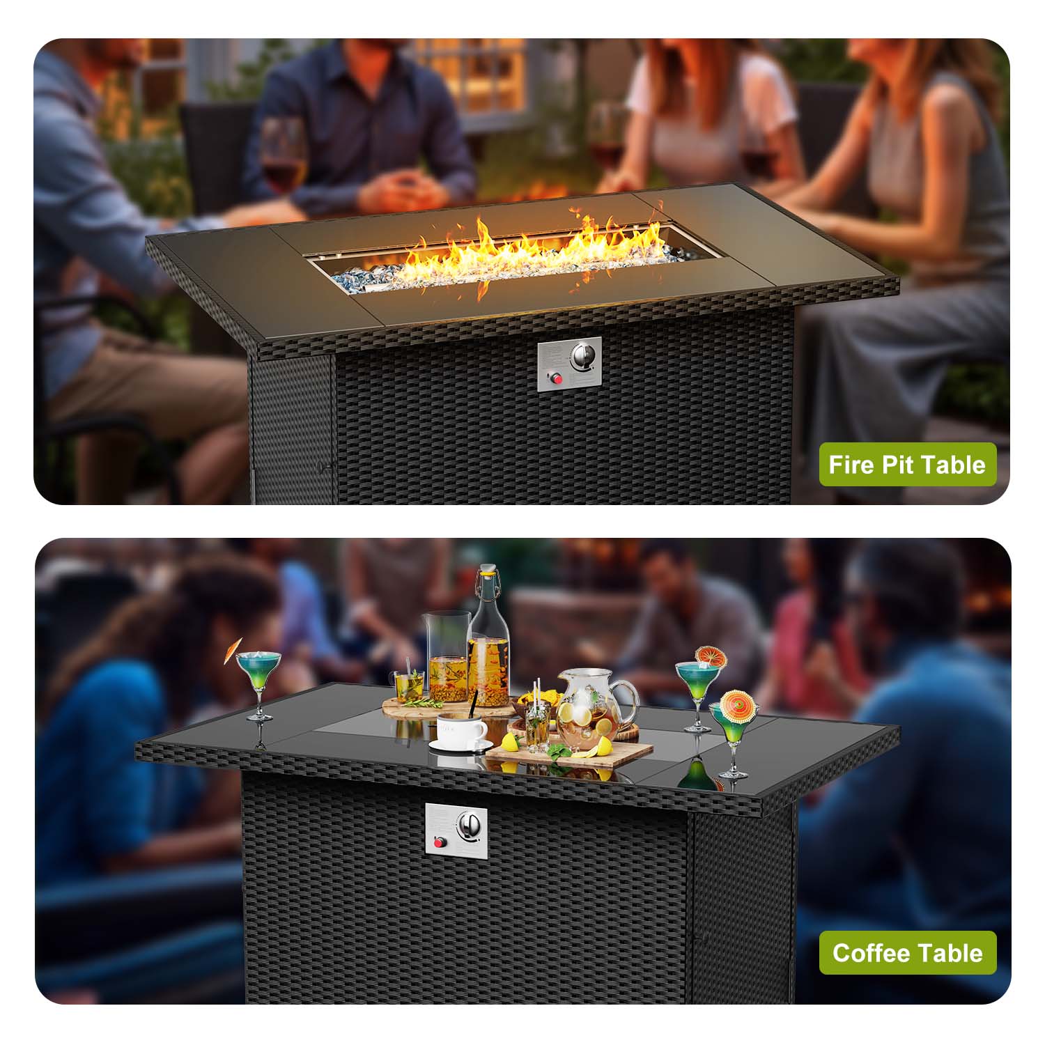 43Inch 50000 BTU Outdoor Rectangular Rattan Fire Pit Table with Glass Wind Guard for Outside Patio Garden Backyard