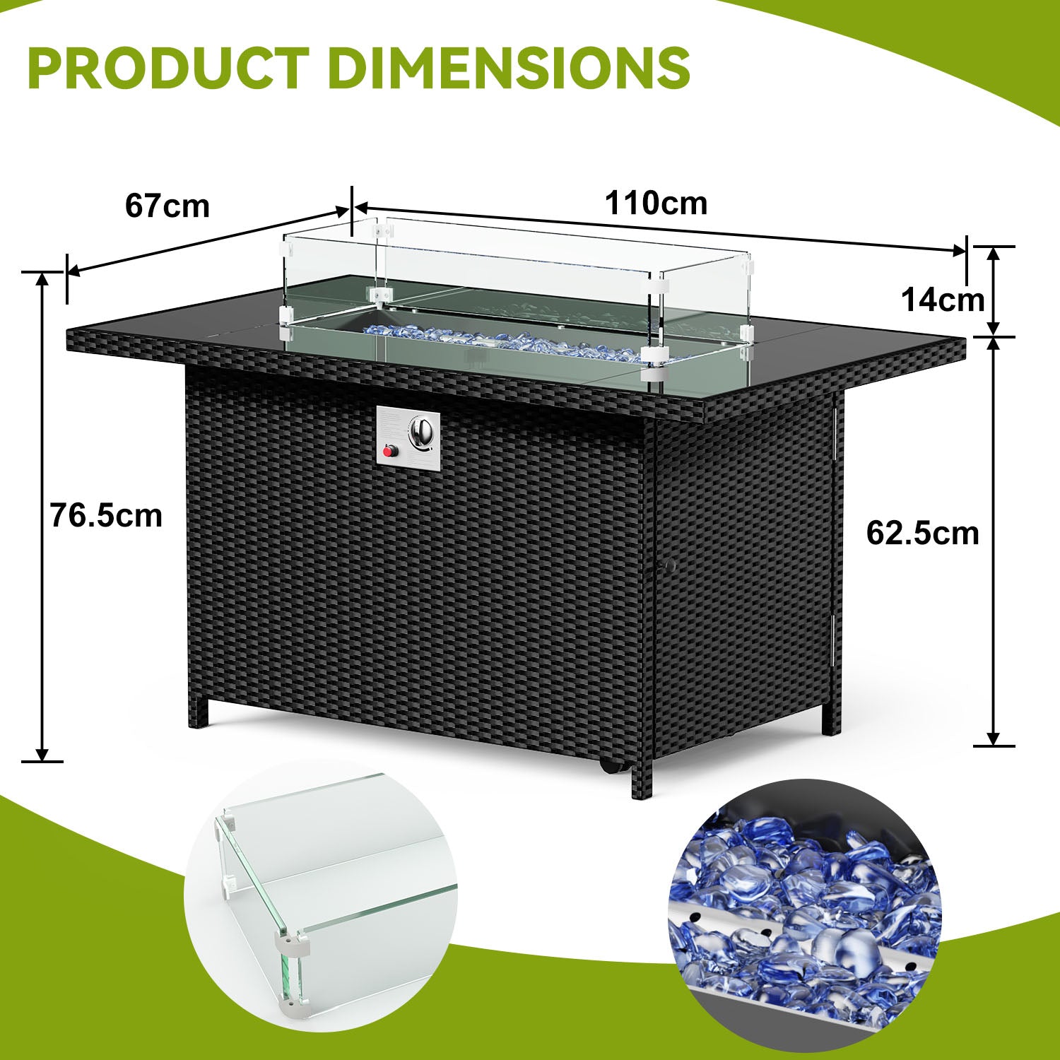 43Inch 50000 BTU Outdoor Rectangular Rattan Fire Pit Table with Glass Wind Guard for Outside Patio Garden Backyard