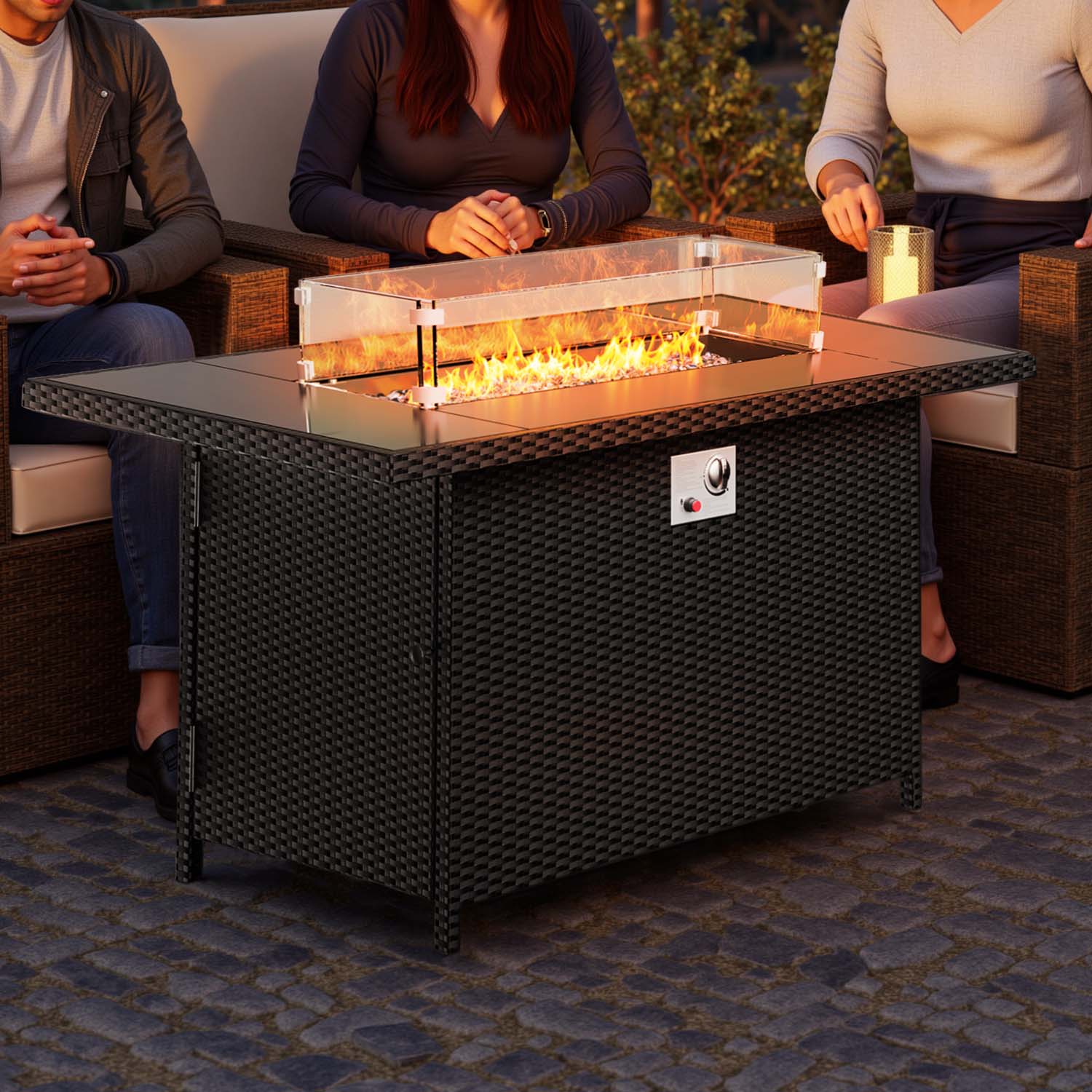 43Inch 50000 BTU Outdoor Rectangular Rattan Fire Pit Table with Glass Wind Guard for Outside Patio Garden Backyard