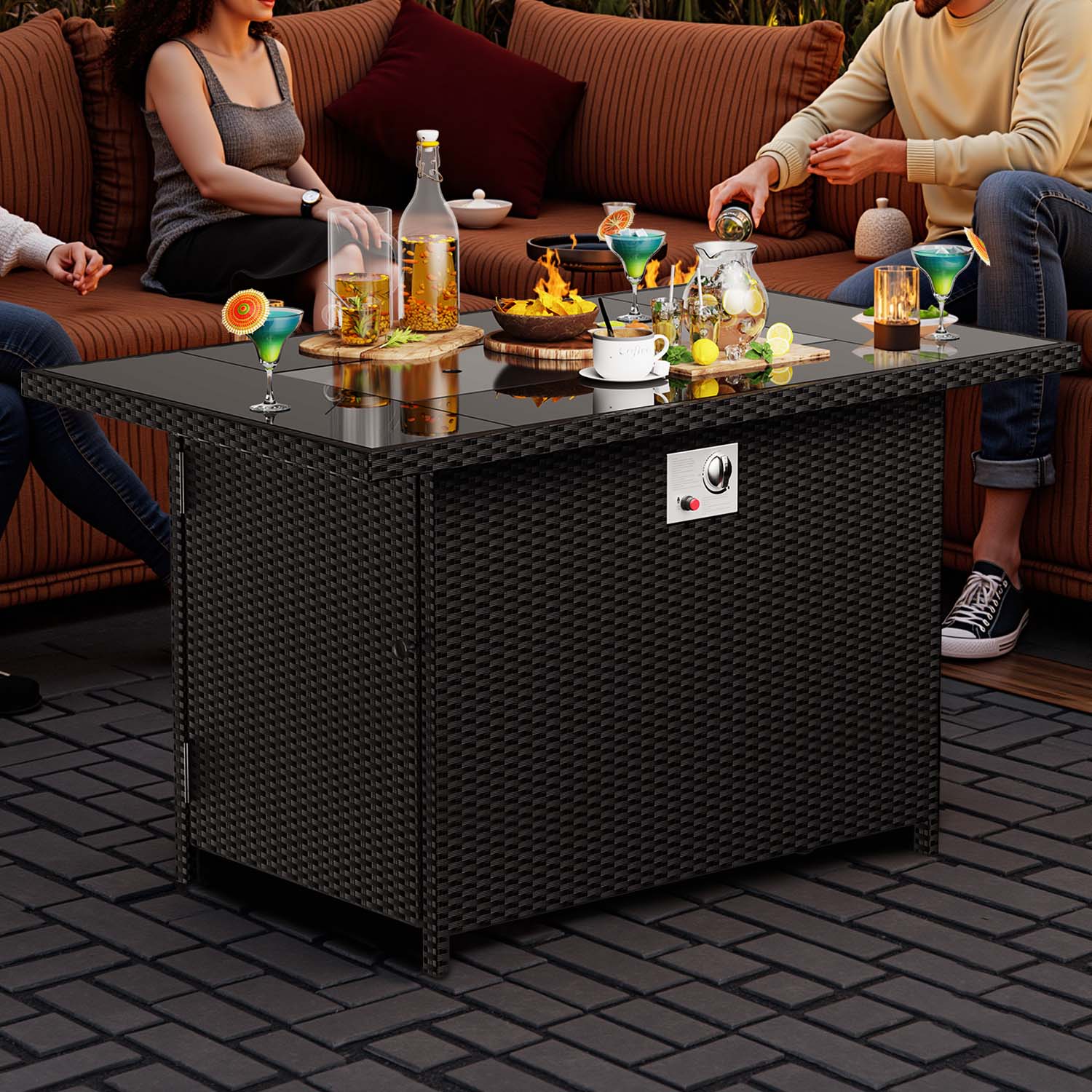 43Inch 50000 BTU Outdoor Rectangular Rattan Fire Pit Table with Glass Wind Guard for Outside Patio Garden Backyard