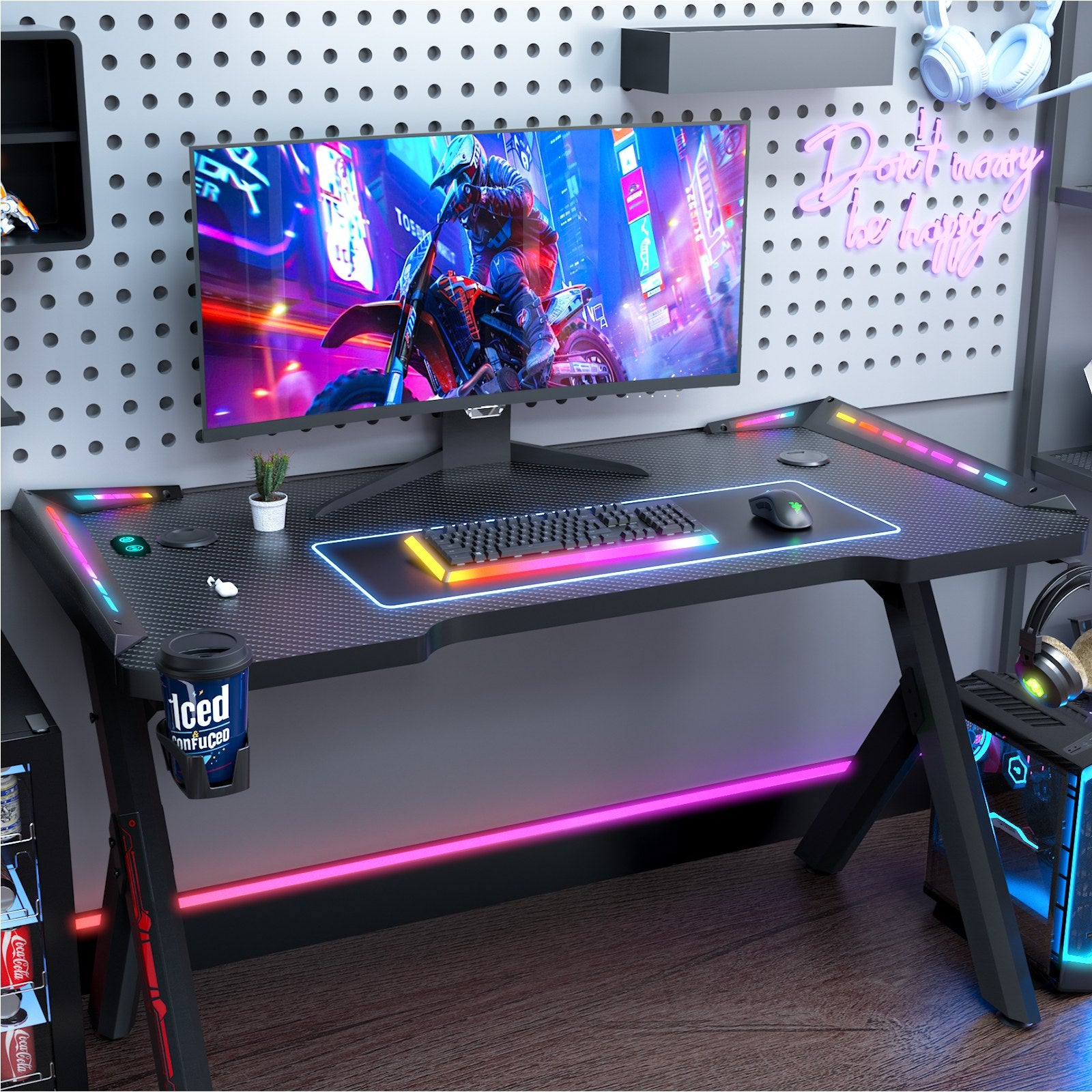 Gaming Desk RGB Lighting Ergonomic Gamer Workstation Computer Desk with Cup Holder Headphone Hook, 120x60cm
