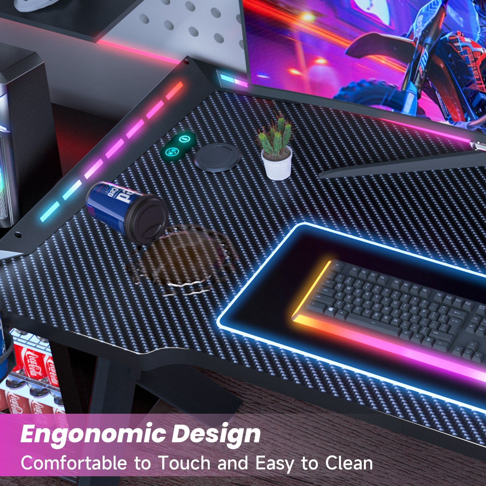 Gaming Desk RGB Lighting Ergonomic Gamer Workstation Computer Desk with Cup Holder Headphone Hook, 120x60cm