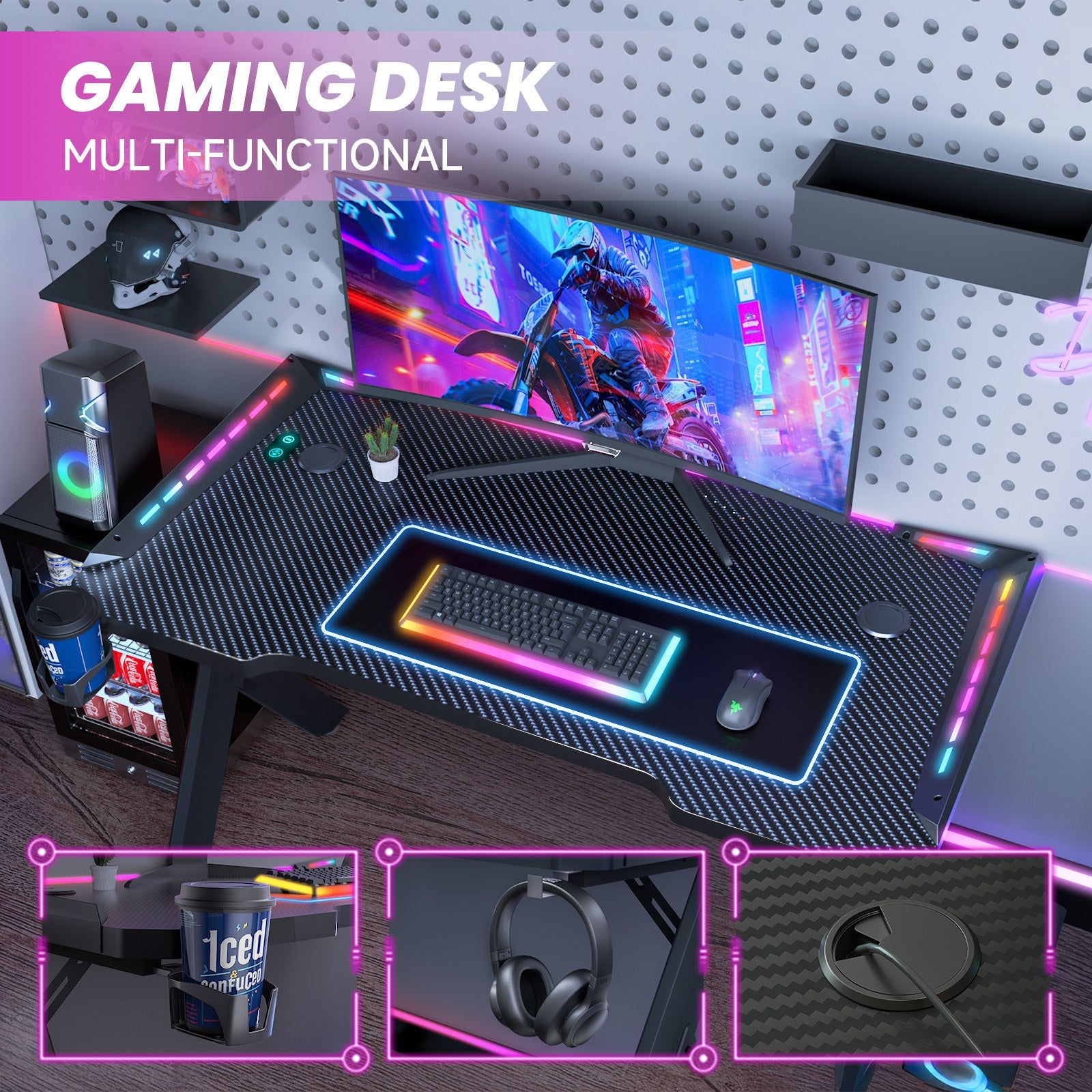 Gaming Desk RGB Lighting Ergonomic Gamer Workstation Computer Desk with Cup Holder Headphone Hook, 120x60cm