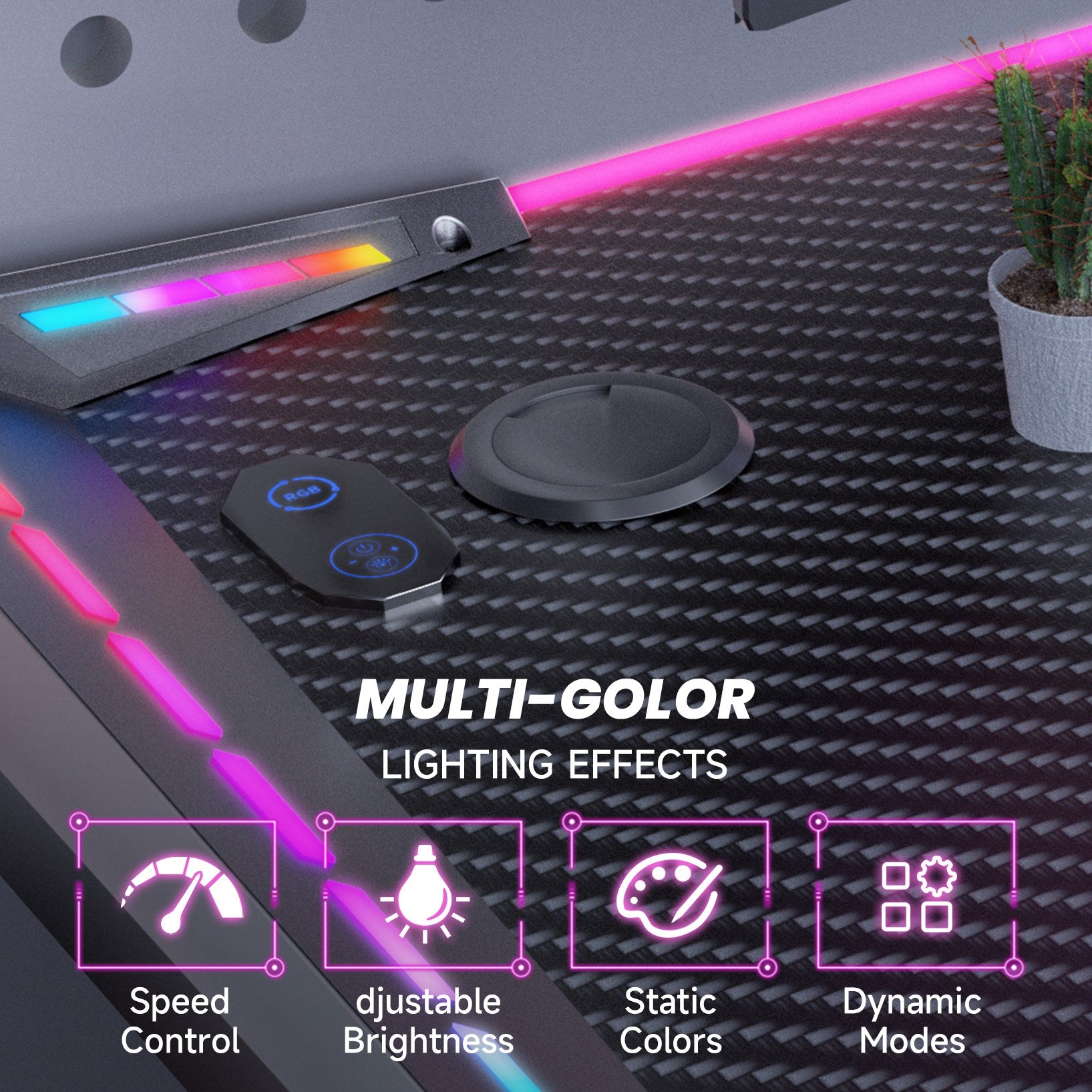 Gaming Desk RGB Lighting Ergonomic Gamer Workstation Computer Desk with Cup Holder Headphone Hook, 120x60cm