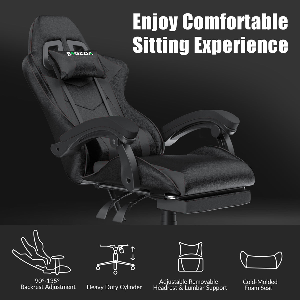 Ergonomic Gaming Chair 135° Reclining Swivel Chair with Headrest, Footrest and Lumbar Support PU Leather Office Chair