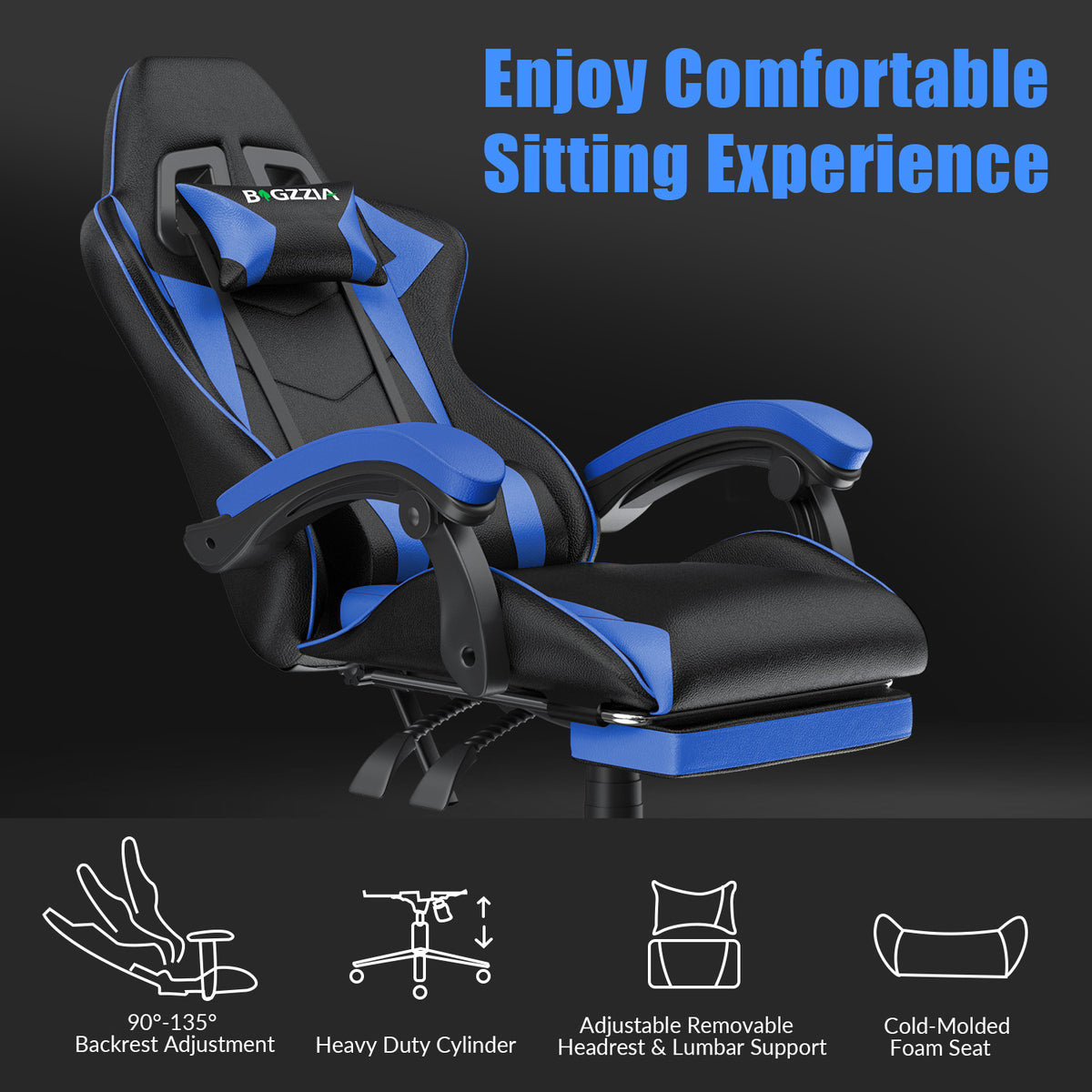 Ergonomic Gaming Chair 135° Reclining Swivel Chair with Headrest, Footrest and Lumbar Support PU Leather Office Chair
