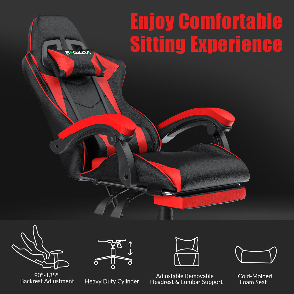 Ergonomic Gaming Chair 135° Reclining Swivel Chair with Headrest, Footrest and Lumbar Support PU Leather Office Chair