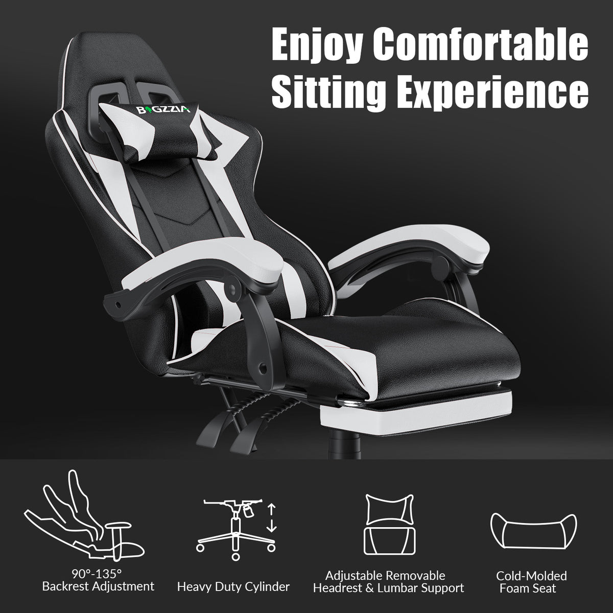 Ergonomic Gaming Chair 135° Reclining Swivel Chair with Headrest, Footrest and Lumbar Support PU Leather Office Chair