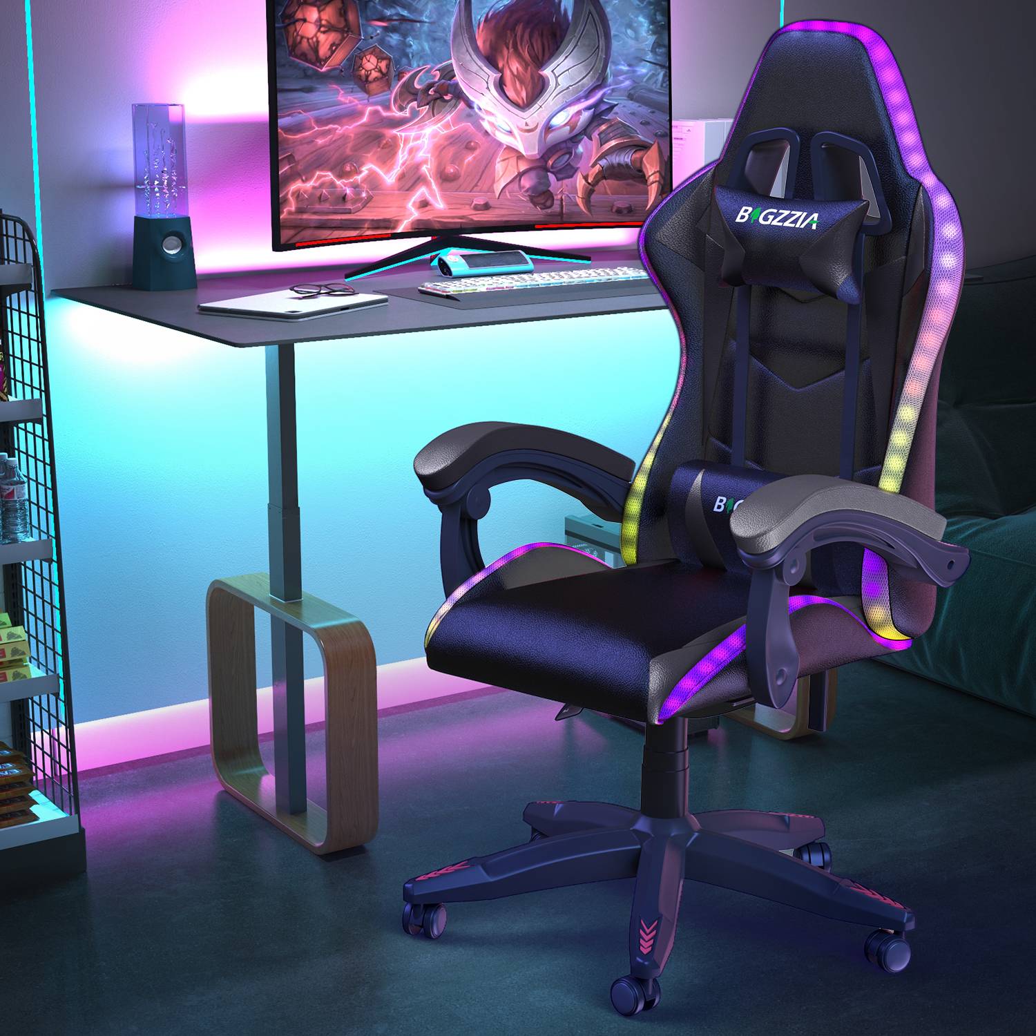 Ergonomic Gaming Chair with RGB LED Lights, Reclining, Headrest and Lumbar Support Racing Style